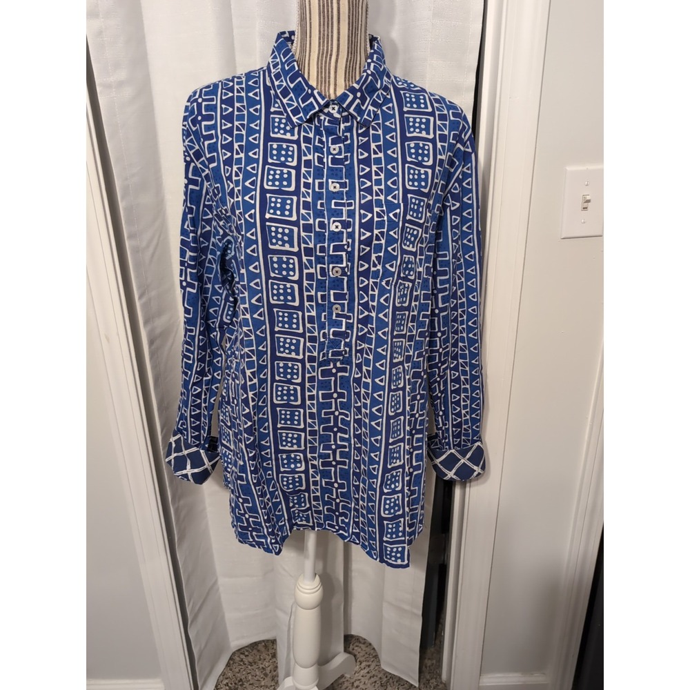 Tizzie Shirt Women XL Contrast‎ Cuff Geometric Cotton Button Up Eclectic Funky